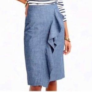 J. Crew Blue Chambray Ruffle Pencil Skirt